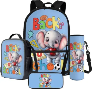 Poceacles Children’s School Backpack Set of 4 Contains Backpack Lunch Box Bag Pencil Case Water Bottle Carrier for Primary Junior Middle School, Baby Elephant Book Stationery Back to School Blue