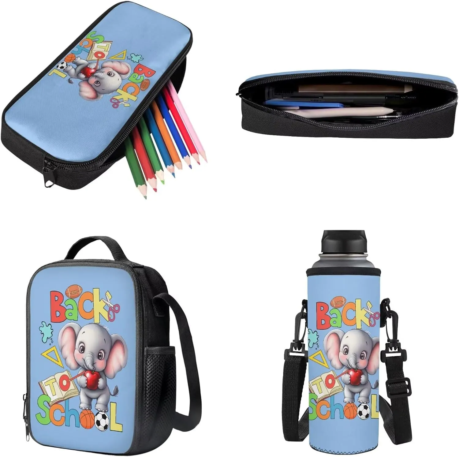 Poceacles Children’s School Backpack Set of 4 Contains Backpack Lunch Box Bag Pencil Case Water Bottle Carrier for Primary Junior Middle School, Baby Elephant Book Stationery Back to School Blue