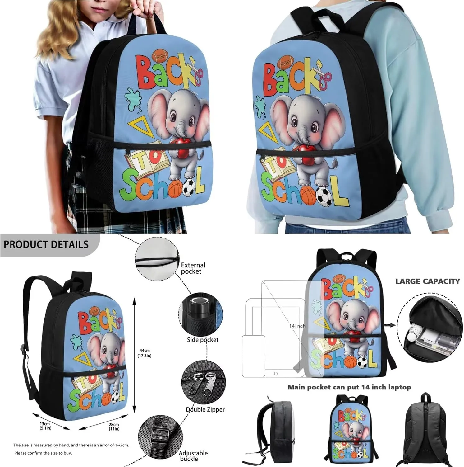 Poceacles Children’s School Backpack Set of 4 Contains Backpack Lunch Box Bag Pencil Case Water Bottle Carrier for Primary Junior Middle School, Baby Elephant Book Stationery Back to School Blue