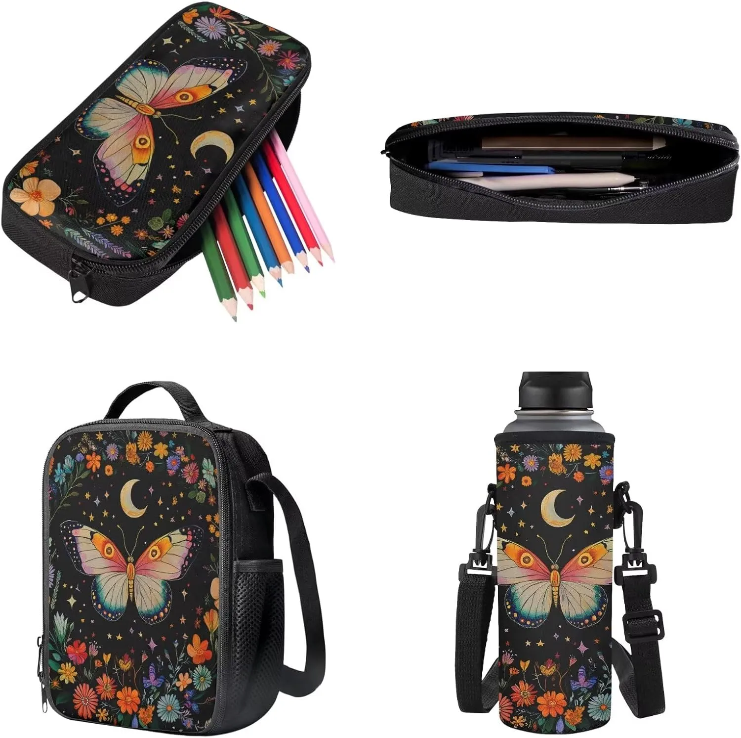 Poceacles Kids Backpack Set, 4 Pieces School Bag Sets with Pencil Pouch Lunch Bag Water Bottle Carrier, Multicolour Childrens Stationery Organizer for Girls Boys, Butterfly Moon Star Floral
