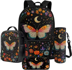 Poceacles Kids Backpack Set, 4 Pieces School Bag Sets with Pencil Pouch Lunch Bag Water Bottle Carrier, Multicolour Childrens Stationery Organizer for Girls Boys, Butterfly Moon Star Floral