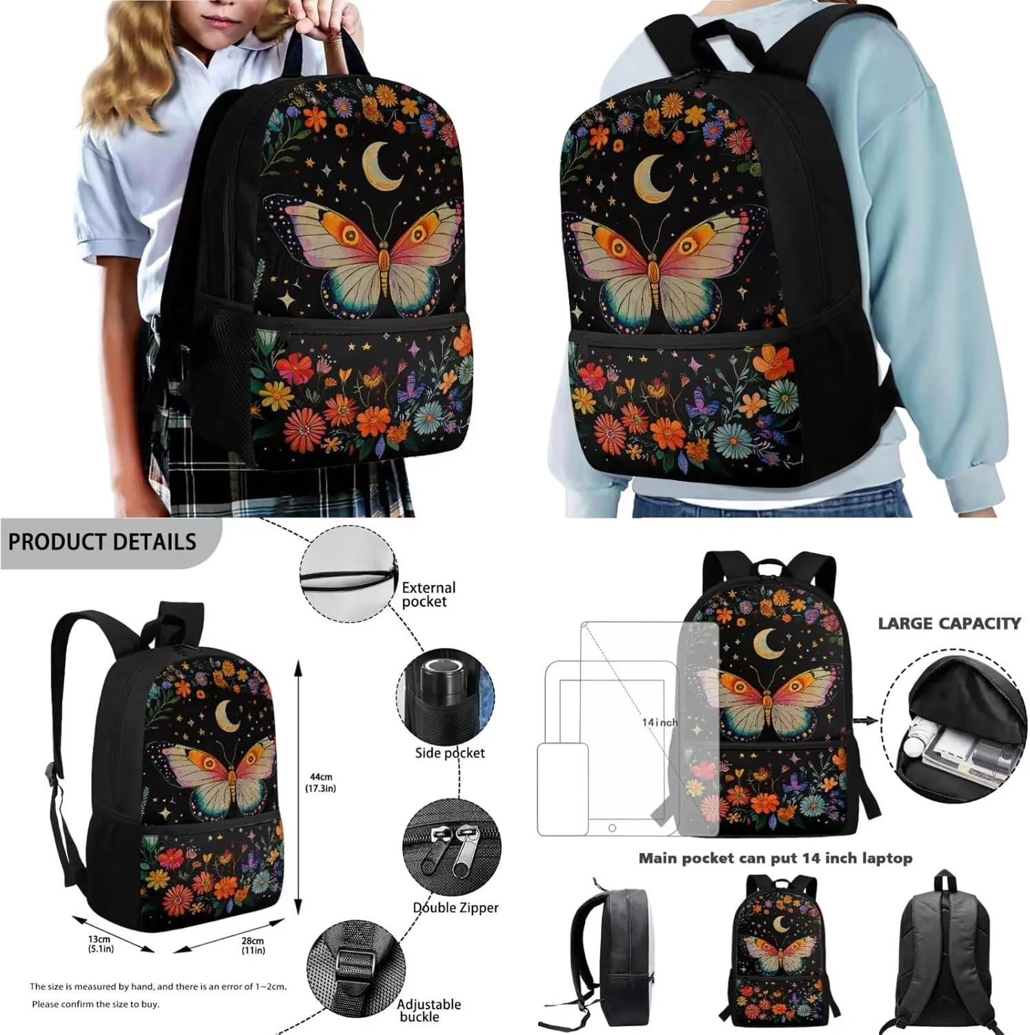 Poceacles Kids Backpack Set, 4 Pieces School Bag Sets with Pencil Pouch Lunch Bag Water Bottle Carrier, Multicolour Childrens Stationery Organizer for Girls Boys, Butterfly Moon Star Floral