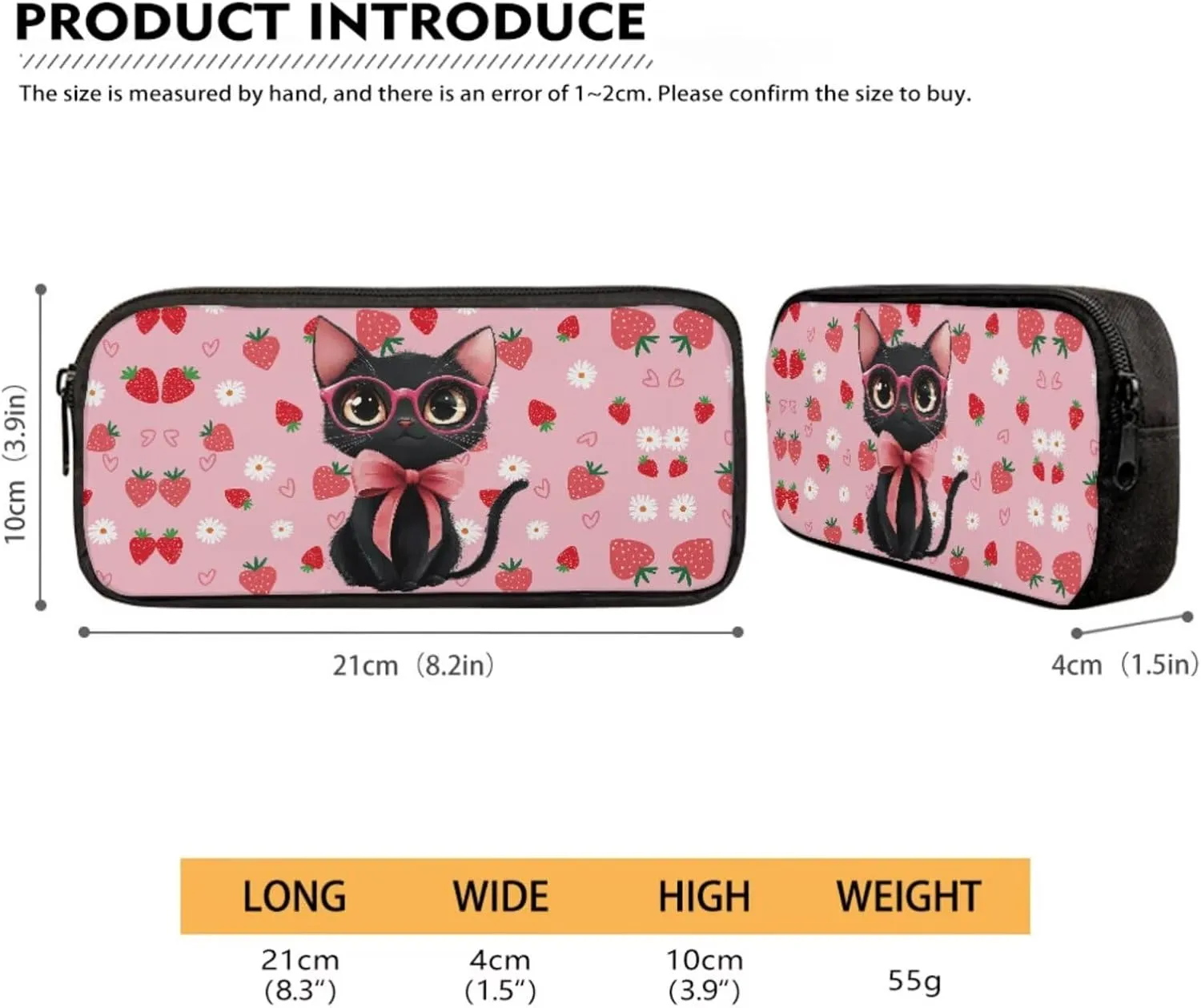 Poceacles Unisex School Bag Set 4 PCS Kids Backpack and Lunch Bag Set, Schoolbag with Insulated Lunchbag Water Bottle Carrier Pencil Case for Travel School, Black Cat Bow Strawberry Daisy Love Pink