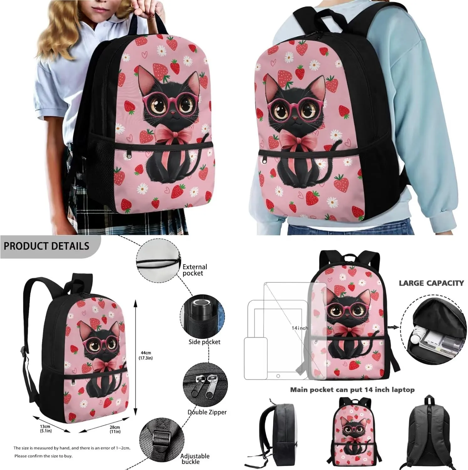 Poceacles Unisex School Bag Set 4 PCS Kids Backpack and Lunch Bag Set, Schoolbag with Insulated Lunchbag Water Bottle Carrier Pencil Case for Travel School, Black Cat Bow Strawberry Daisy Love Pink