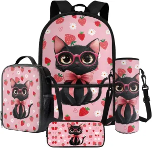 Poceacles Unisex School Bag Set 4 PCS Kids Backpack and Lunch Bag Set, Schoolbag with Insulated Lunchbag Water Bottle Carrier Pencil Case for Travel School, Black Cat Bow Strawberry Daisy Love Pink