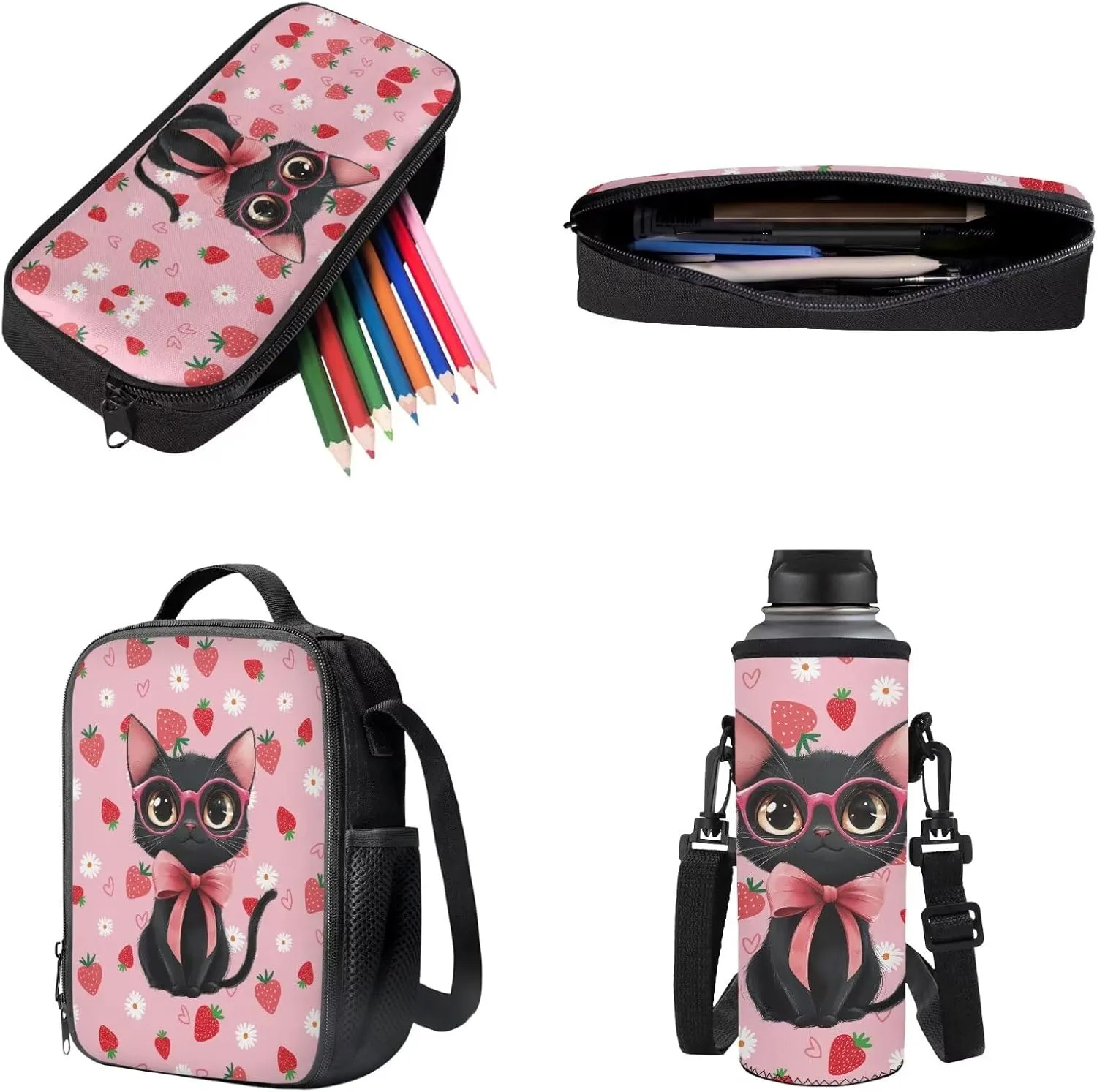 Poceacles Unisex School Bag Set 4 PCS Kids Backpack and Lunch Bag Set, Schoolbag with Insulated Lunchbag Water Bottle Carrier Pencil Case for Travel School, Black Cat Bow Strawberry Daisy Love Pink