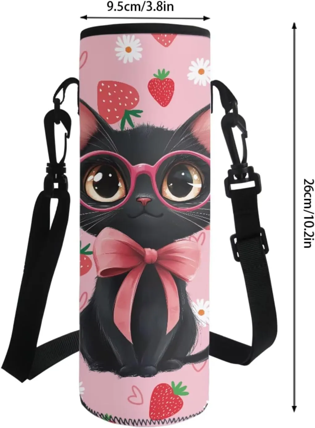 Poceacles Unisex School Bag Set 4 PCS Kids Backpack and Lunch Bag Set, Schoolbag with Insulated Lunchbag Water Bottle Carrier Pencil Case for Travel School, Black Cat Bow Strawberry Daisy Love Pink