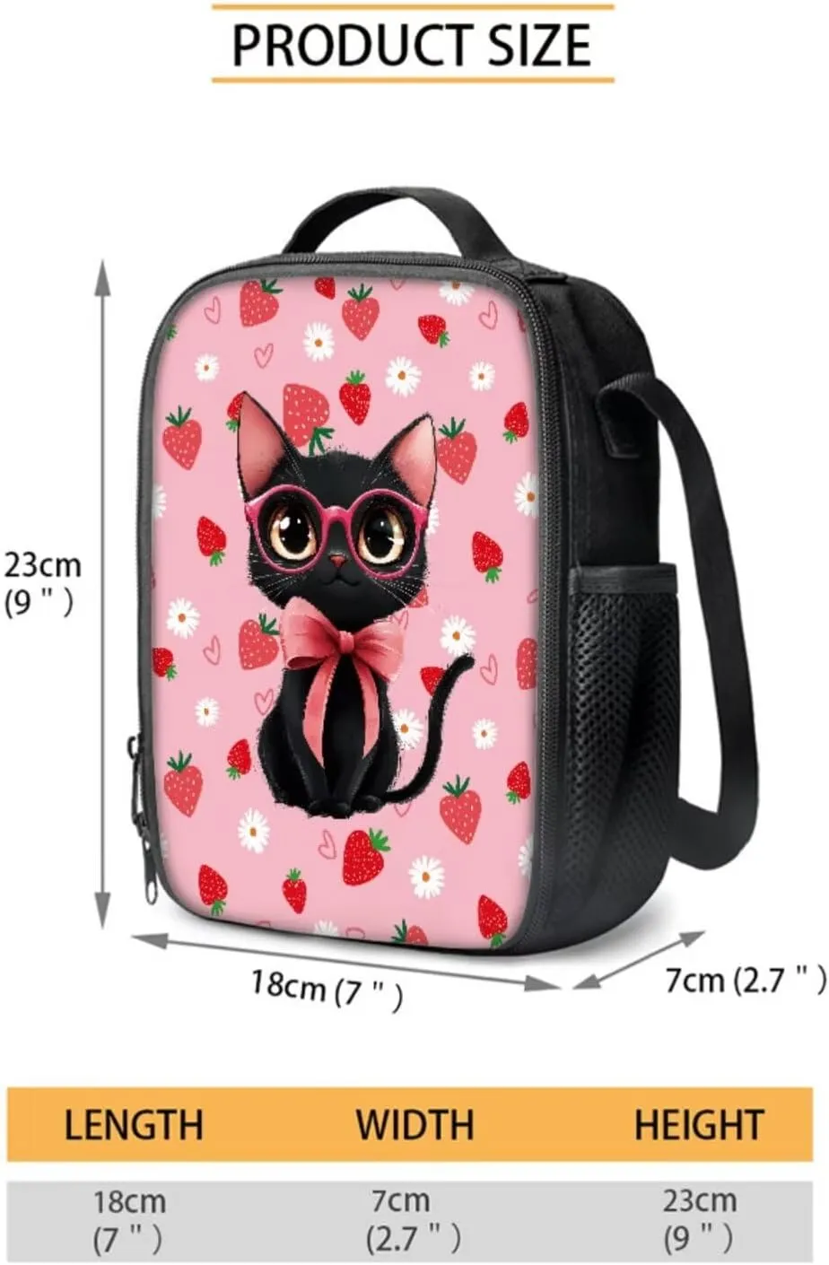 Poceacles Unisex School Bag Set 4 PCS Kids Backpack and Lunch Bag Set, Schoolbag with Insulated Lunchbag Water Bottle Carrier Pencil Case for Travel School, Black Cat Bow Strawberry Daisy Love Pink