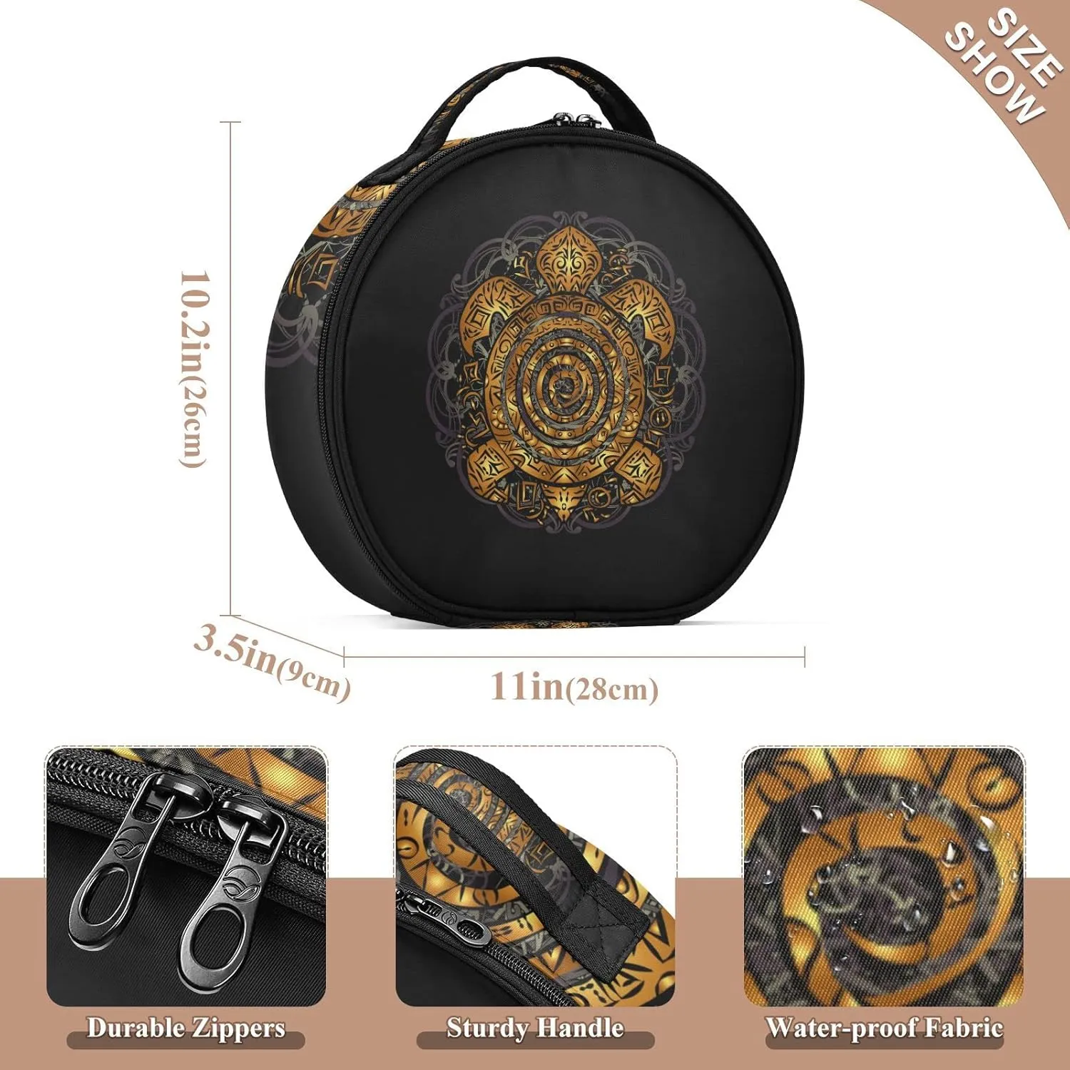 Polynesian Golden Tribal Sea Turtle Tattoo on Black Toned Maori Women's Portable Round Makeup Bag with Handle, Cosmetic Bag, Adjustable Dividers, Travel Cosmetic Storage 11 x 3.5 x 10 inch