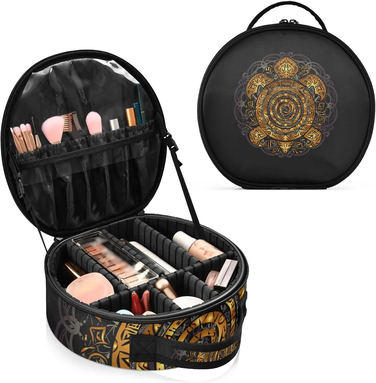 Polynesian Golden Tribal Sea Turtle Tattoo on Black Toned Maori Women's Portable Round Makeup Bag with Handle, Cosmetic Bag, Adjustable Dividers, Travel Cosmetic Storage 11 x 3.5 x 10 inch