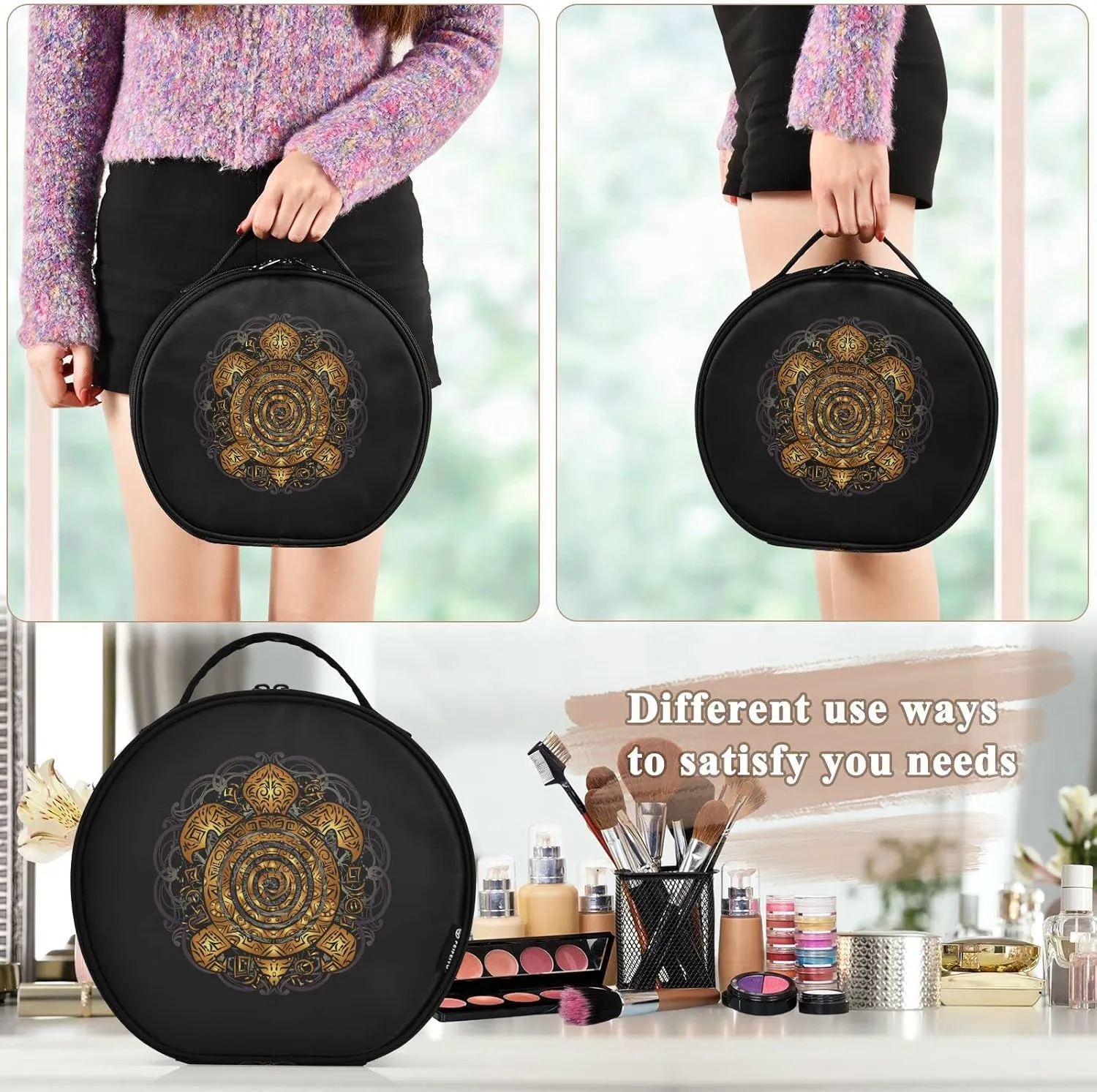 Polynesian Golden Tribal Sea Turtle Tattoo on Black Toned Maori Women's Portable Round Makeup Bag with Handle, Cosmetic Bag, Adjustable Dividers, Travel Cosmetic Storage 11 x 3.5 x 10 inch