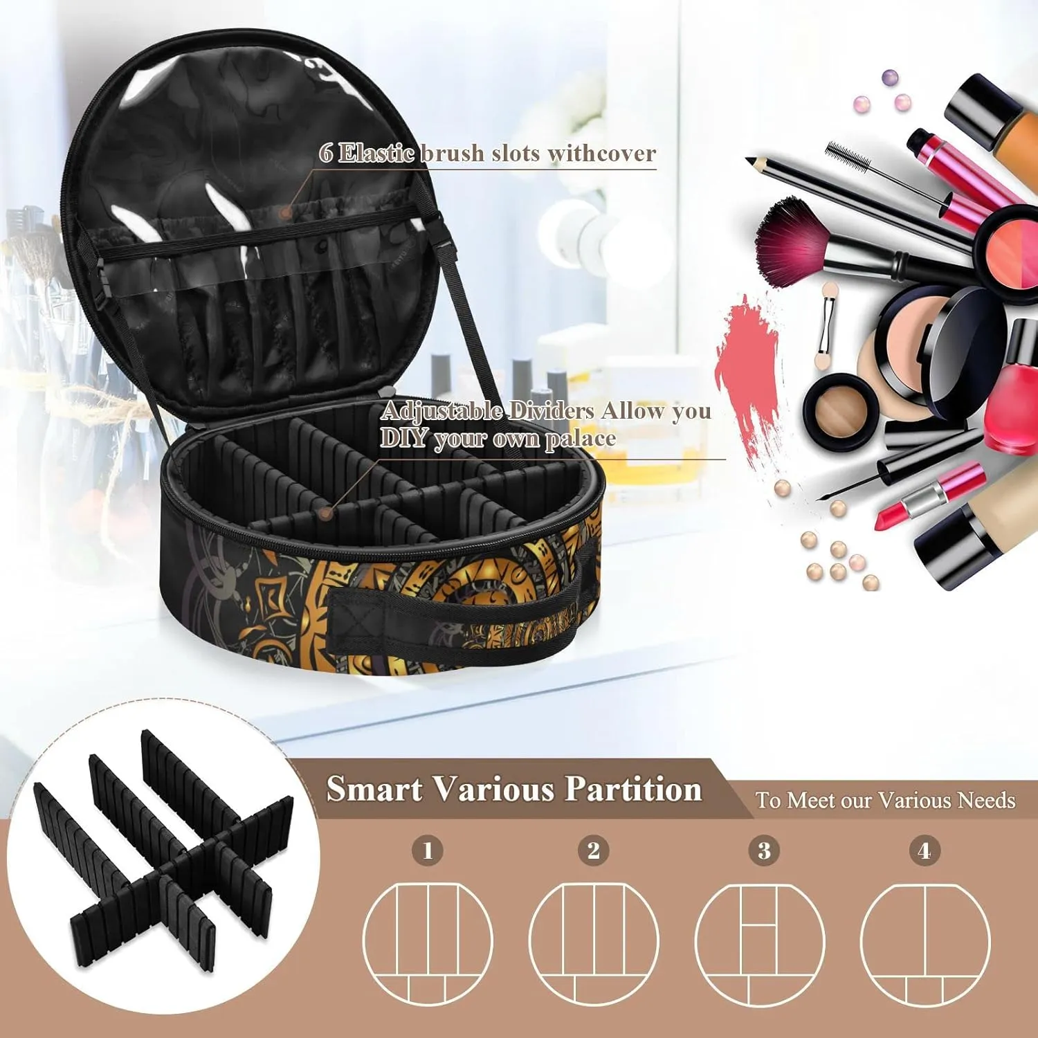 Polynesian Golden Tribal Sea Turtle Tattoo on Black Toned Maori Women's Portable Round Makeup Bag with Handle, Cosmetic Bag, Adjustable Dividers, Travel Cosmetic Storage 11 x 3.5 x 10 inch