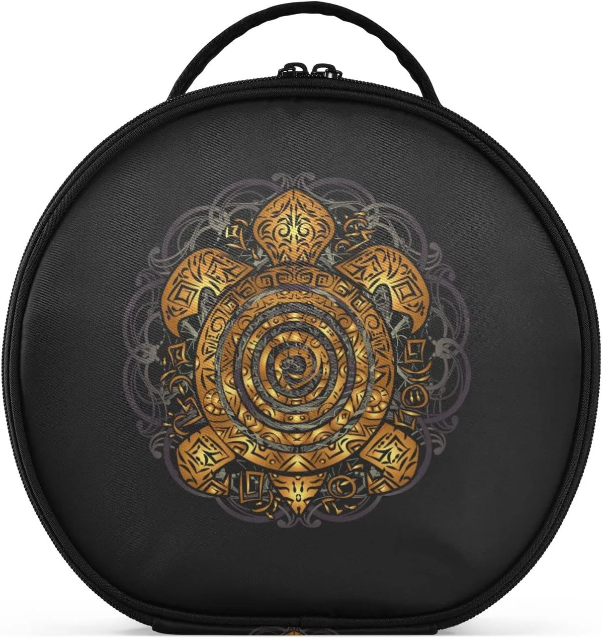 Polynesian Golden Tribal Sea Turtle Tattoo on Black Toned Maori Women's Portable Round Makeup Bag with Handle, Cosmetic Bag, Adjustable Dividers, Travel Cosmetic Storage 11 x 3.5 x 10 inch