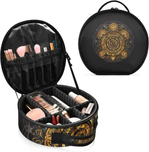 Polynesian Golden Tribal Sea Turtle Tattoo on Black Toned Maori Women's Portable Round Makeup Bag with Handle, Cosmetic Bag, Adjustable Dividers, Travel Cosmetic Storage 11 x 3.5 x 10 inch