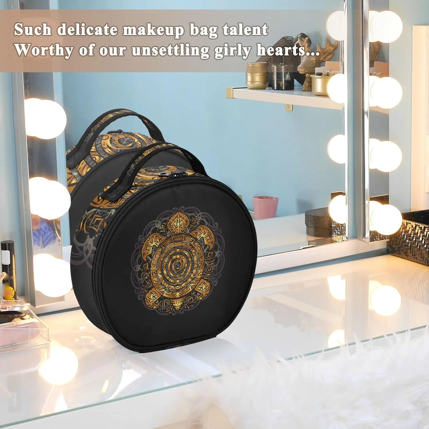 Polynesian Golden Tribal Sea Turtle Tattoo on Black Toned Maori Women's Portable Round Makeup Bag with Handle, Cosmetic Bag, Adjustable Dividers, Travel Cosmetic Storage 11 x 3.5 x 10 inch