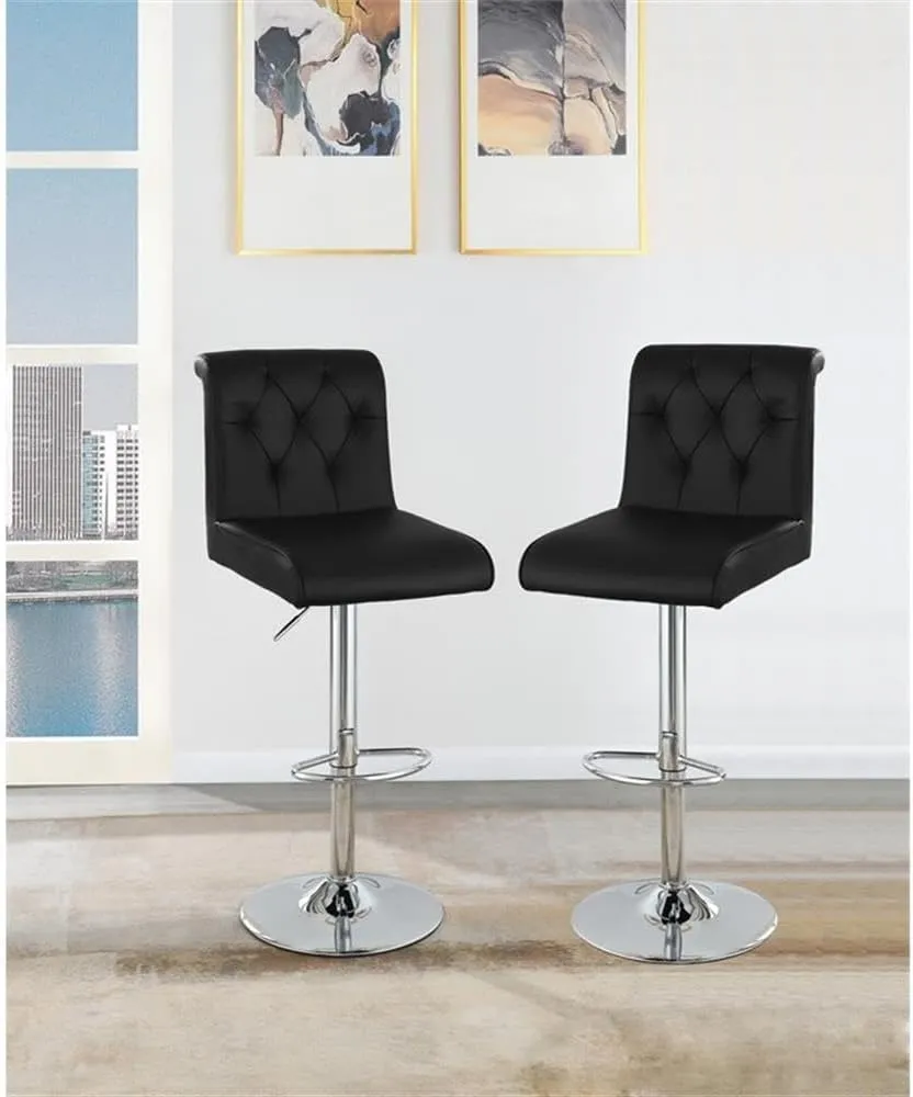 Poundex Adjustable Height & Swivel Barstool in Black Faux Leather (Set of 2)