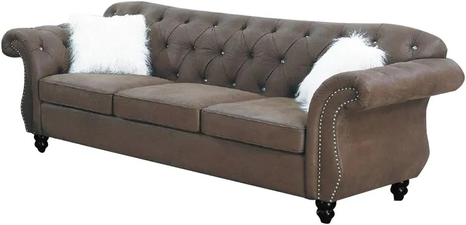 Poundex Dark Coffee Leatherette 3-Seater Button Tufted Sofas