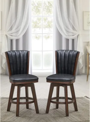 Poundex Furniture 24" Wood Swivel Counter Stool in Black Faux Leather (Set of 2)