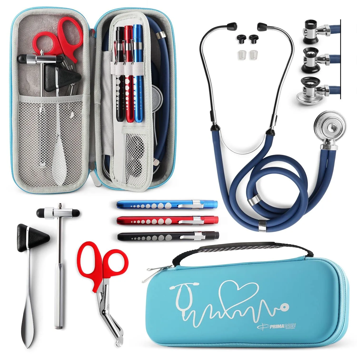 Primacare KB-9397-BL Stethoscope Case, Supplies Included, Blue with Multiple Compartments, Portable and Lightweight First Aid Kit Bag with Vital Medical Supplies, Nursing Accessories for Nurses
