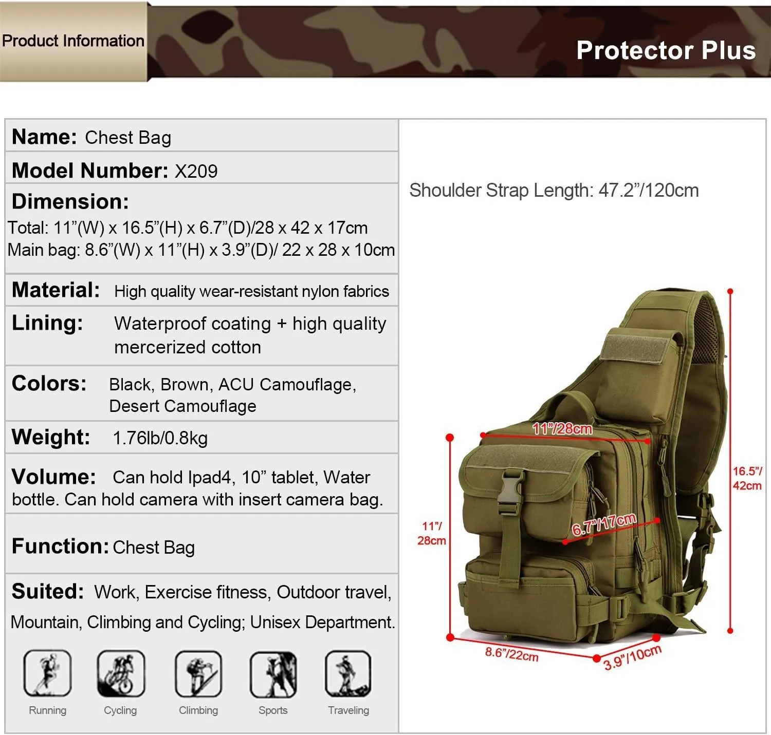 Protector Plus UNISTRENGH Tactical Military Daypack Sling Chest Pack Bag Molle Laptop Backpack Large Shoulder Bag Crossbody Duty Gear For Hunting Camping Trekking (Wolf Brown)