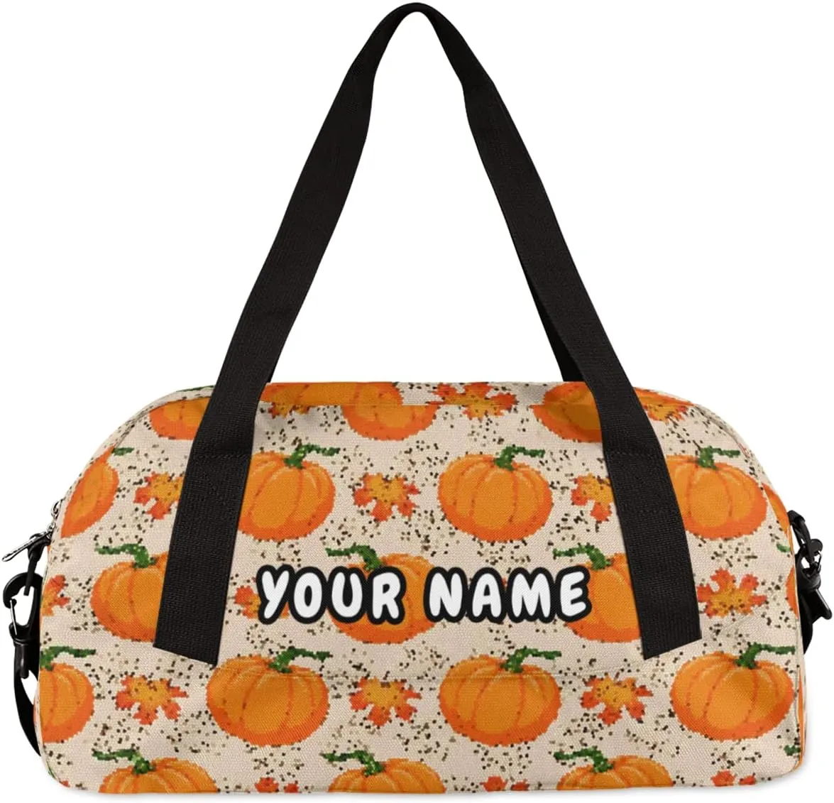 Pumpkin Autumn Maple Leaves Fall Thanksgiving Personalized Kids Duffel Bag for Girls Boys, Pumpkin Debris Custom Name Dance Bag Overnight Small Duffel Bag Carry On Weekend Sports Travel Bag for School Practice Gymnastics Ballet