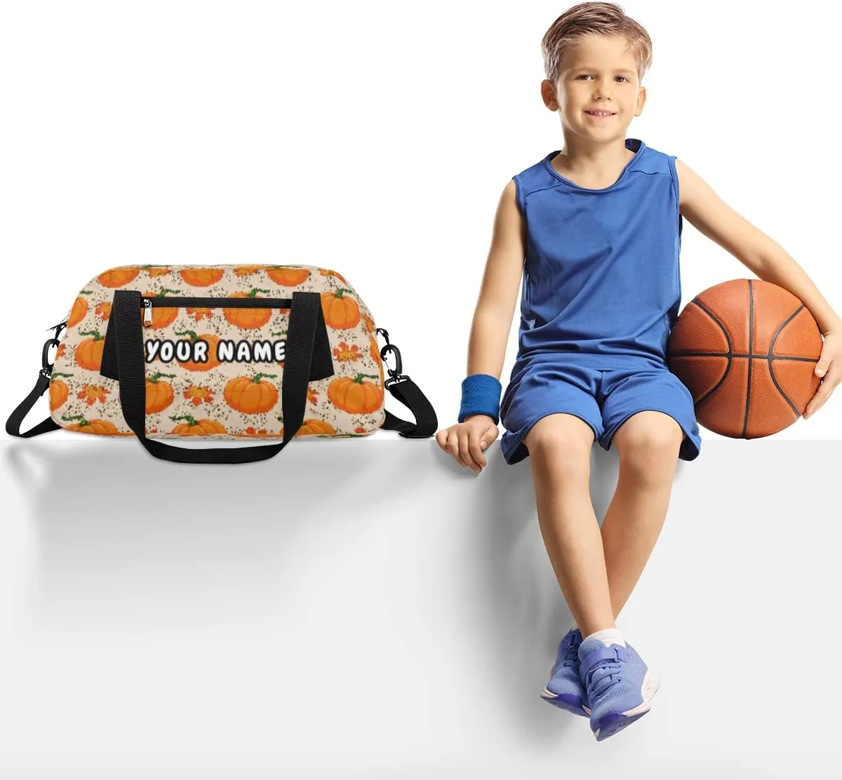 Pumpkin Autumn Maple Leaves Fall Thanksgiving Personalized Kids Duffel Bag for Girls Boys, Pumpkin Debris Custom Name Dance Bag Overnight Small Duffel Bag Carry On Weekend Sports Travel Bag for School Practice Gymnastics Ballet