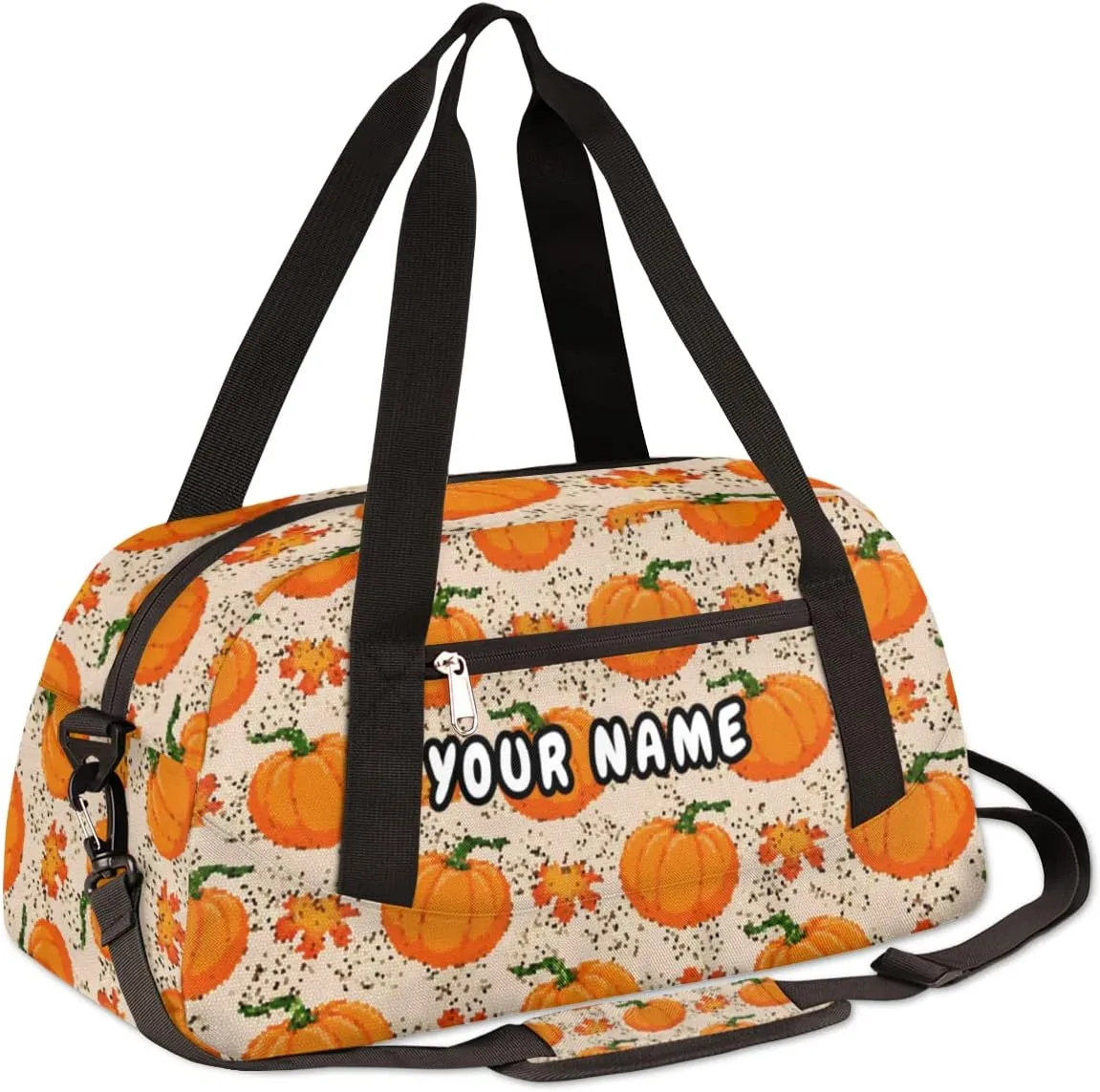 Pumpkin Autumn Maple Leaves Fall Thanksgiving Personalized Kids Duffel Bag for Girls Boys, Pumpkin Debris Custom Name Dance Bag Overnight Small Duffel Bag Carry On Weekend Sports Travel Bag for School Practice Gymnastics Ballet