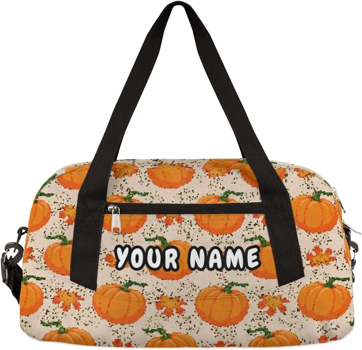 Pumpkin Autumn Maple Leaves Fall Thanksgiving Personalized Kids Duffel Bag for Girls Boys, Pumpkin Debris Custom Name Dance Bag Overnight Small Duffel Bag Carry On Weekend Sports Travel Bag for School Practice Gymnastics Ballet