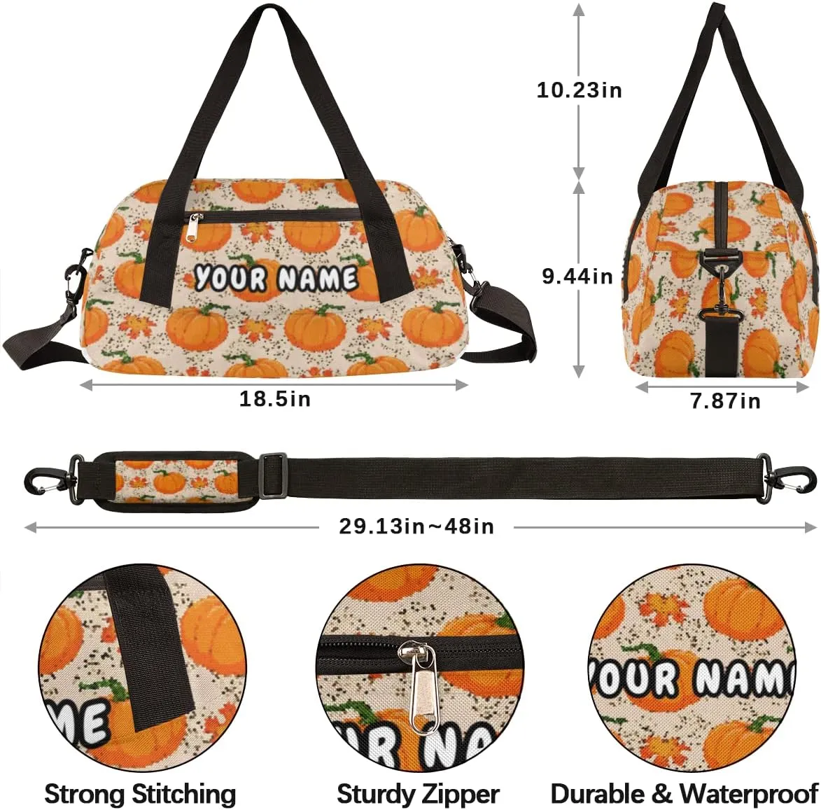 Pumpkin Autumn Maple Leaves Fall Thanksgiving Personalized Kids Duffel Bag for Girls Boys, Pumpkin Debris Custom Name Dance Bag Overnight Small Duffel Bag Carry On Weekend Sports Travel Bag for School Practice Gymnastics Ballet