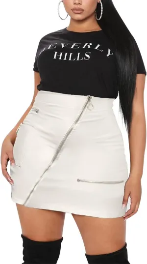 PYL Women’s Plus Size Zipper PU Faux Leather Skirt Short High Waist Mini Bodycon