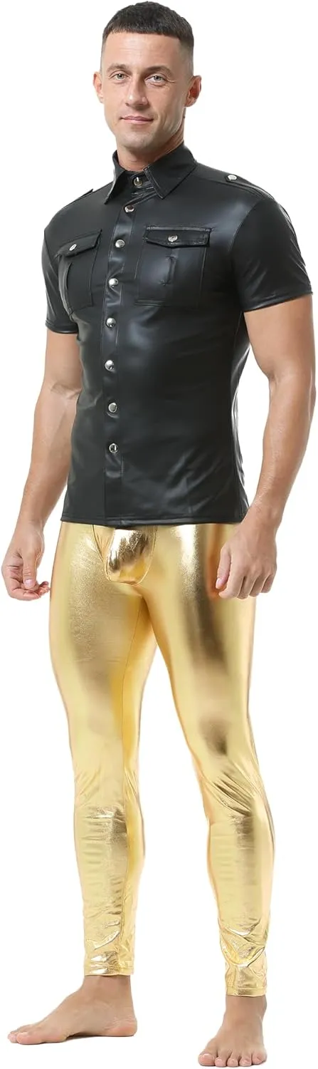 QiaTi Men's Tight Pants Faux Leather Men Leggings Long Trousers PU Skinny Slim Pants Club Dance