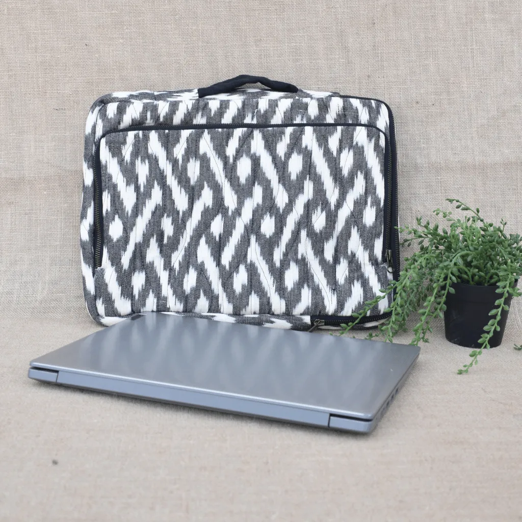 quilted laptop bag in black Ikat Cotton