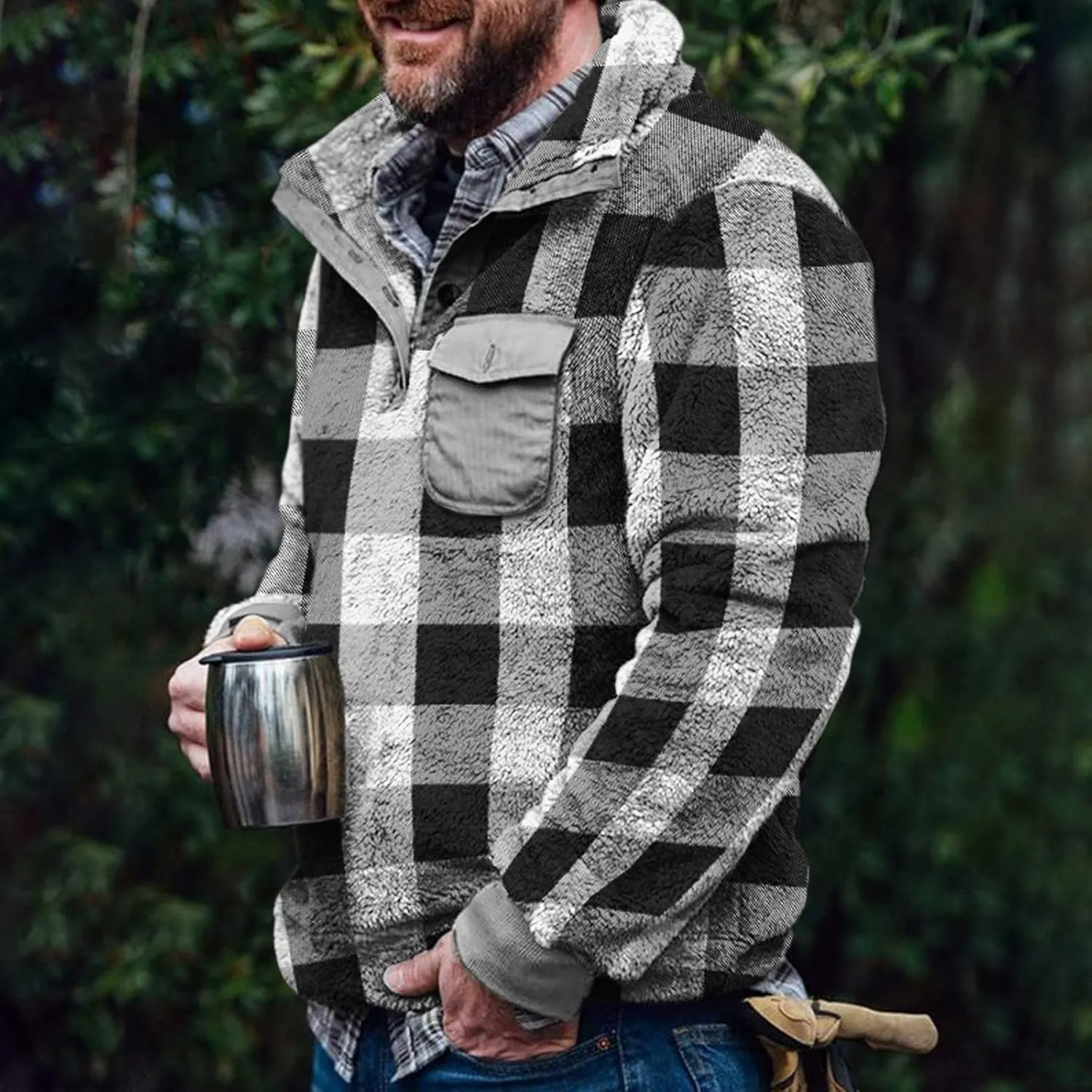 Quilted Lined Flannel Shirt Jacket for Men Hooded Zipper Pocket Long Sleeve Shirt Patchwork Flannel Shirt for Men