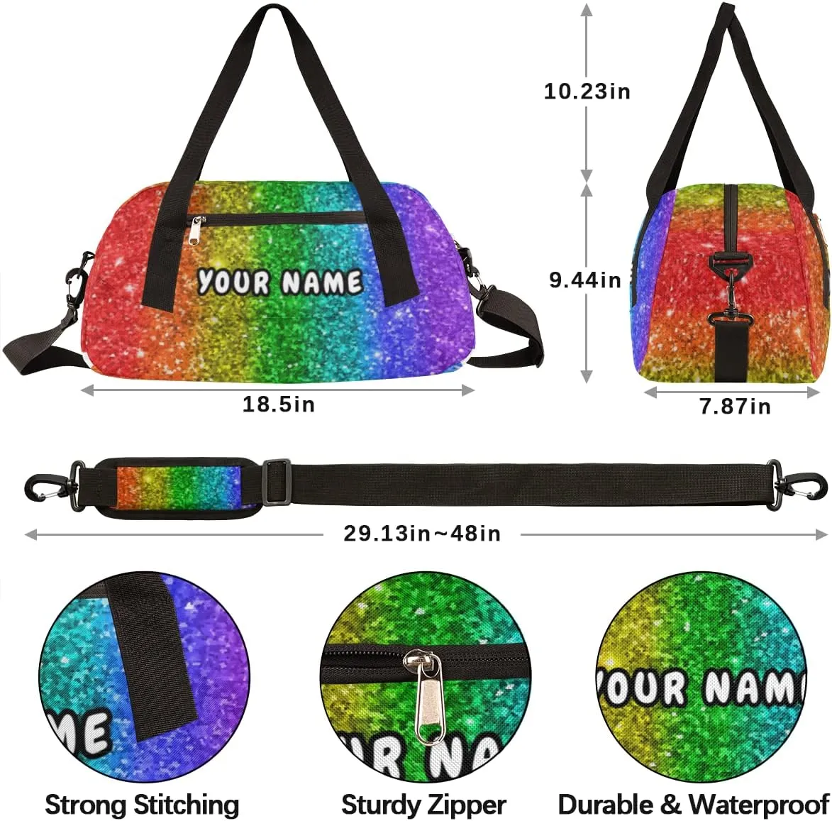 Rainbow Personalized Kids Duffel Bag for Girls Boys, Rainbow Debris Custom Name Dance Bag Overnight Small Duffel Bag Carry On Weekend Sports Travel Bag for School Practice Gymnastics Ballet