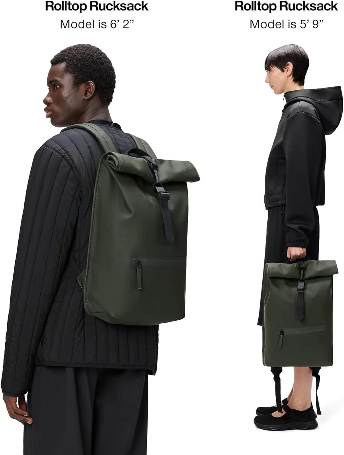 RAINS Rolltop Rucksack -Backpack - Waterproof Backpack for Women and Men - Rucksack for Travel and Work (Green)