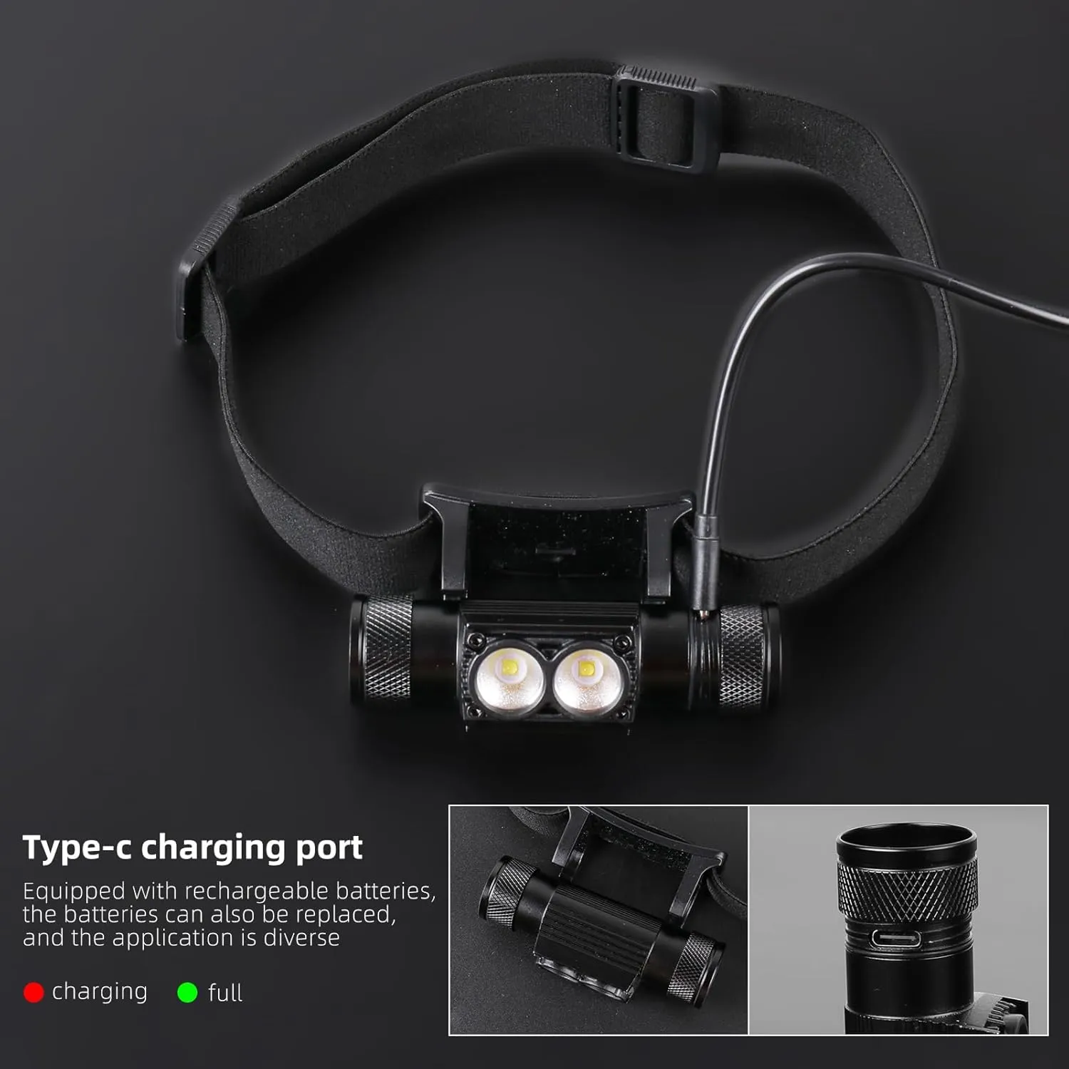Rechargeable IPX5 Waterproof 1200LM Lightweight Headlamp, 180-Degree Adjustable Angle and 2600mAh Two LED Lighting, Suitable for Dog Walking, Camping, Hiking.