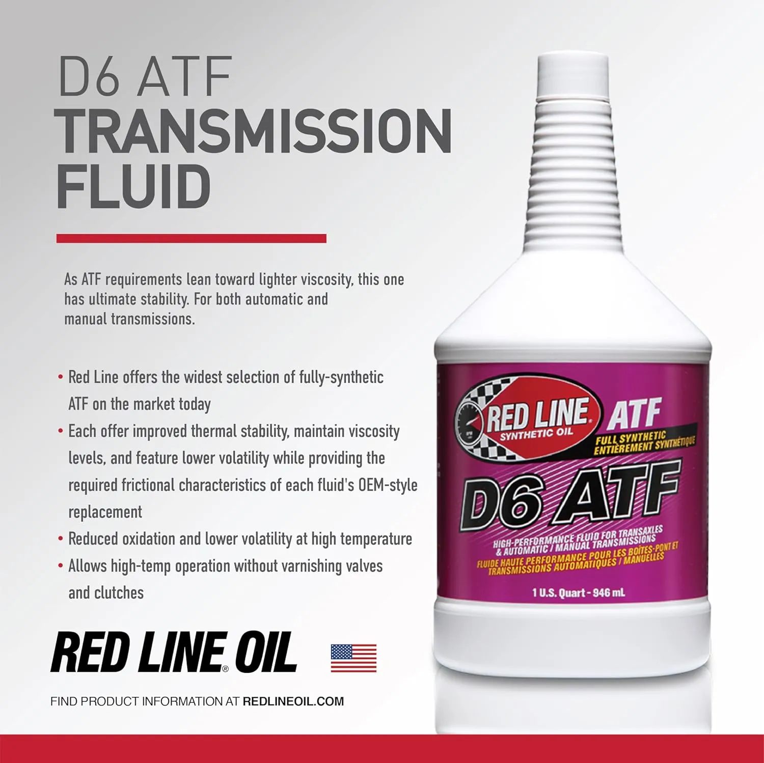 Red Line (30704) Full Synthetic D6 Automatic Transmission Fluid (ATF) - 1 Quart (6 Pack)