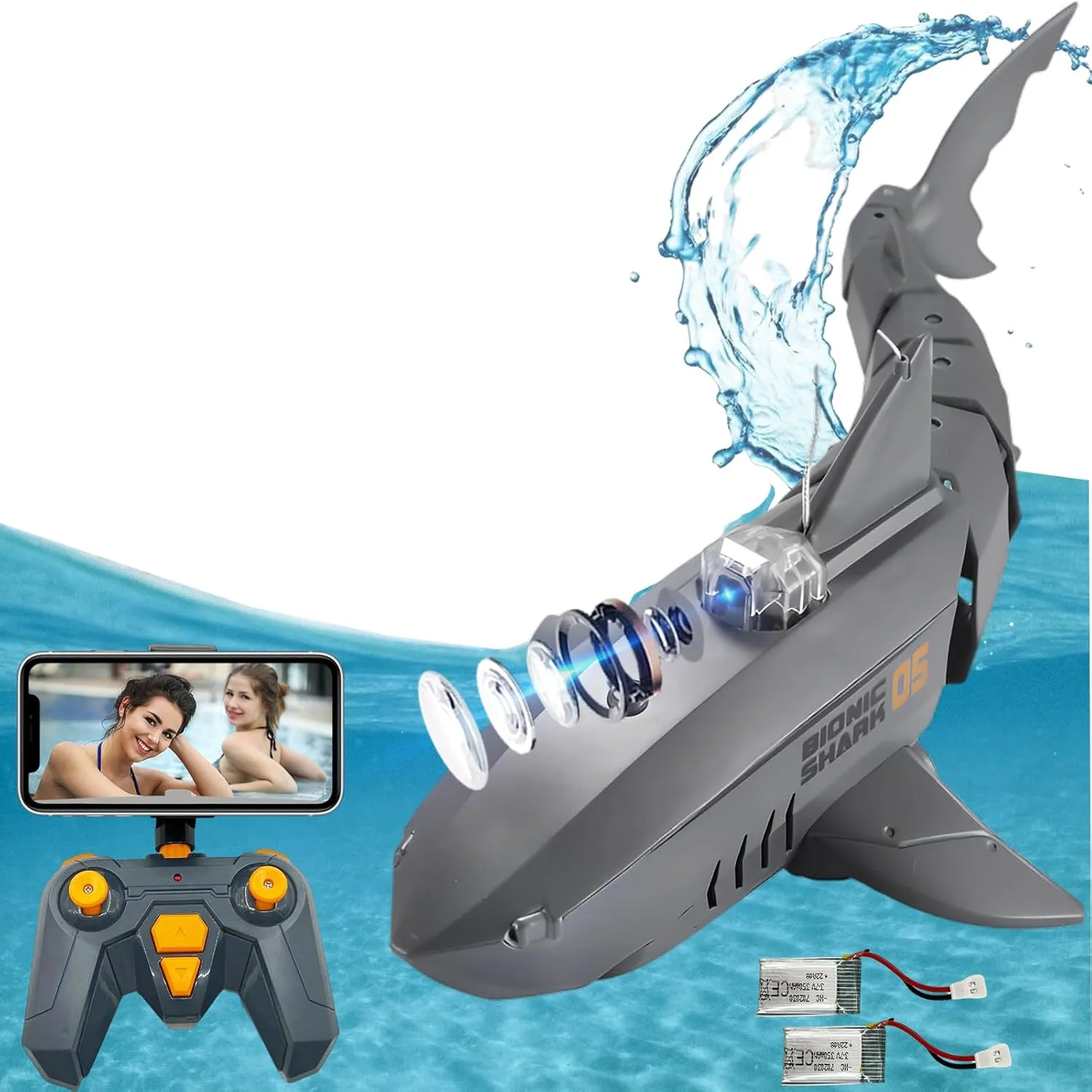 Remote Control Shark with Camera for Kids/Adults, RC Sharks Toys for Swimming Pool,RC Boat with Camera,Pool Toys RC Camera Boat Toys, Simulated Shark for Outdoor Toys(2 Batteries)