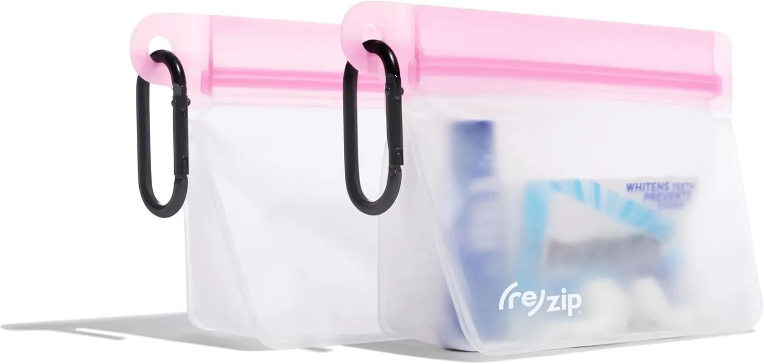 (re)zip On-the-Go Stand Up Clip-On Bags with 2 Carabiners, 2-Pack Pink - Reusable Bags | Travel-Ready, Leakproof, Airtight Seal, Water-Resistant, Food Grade & BPA Free