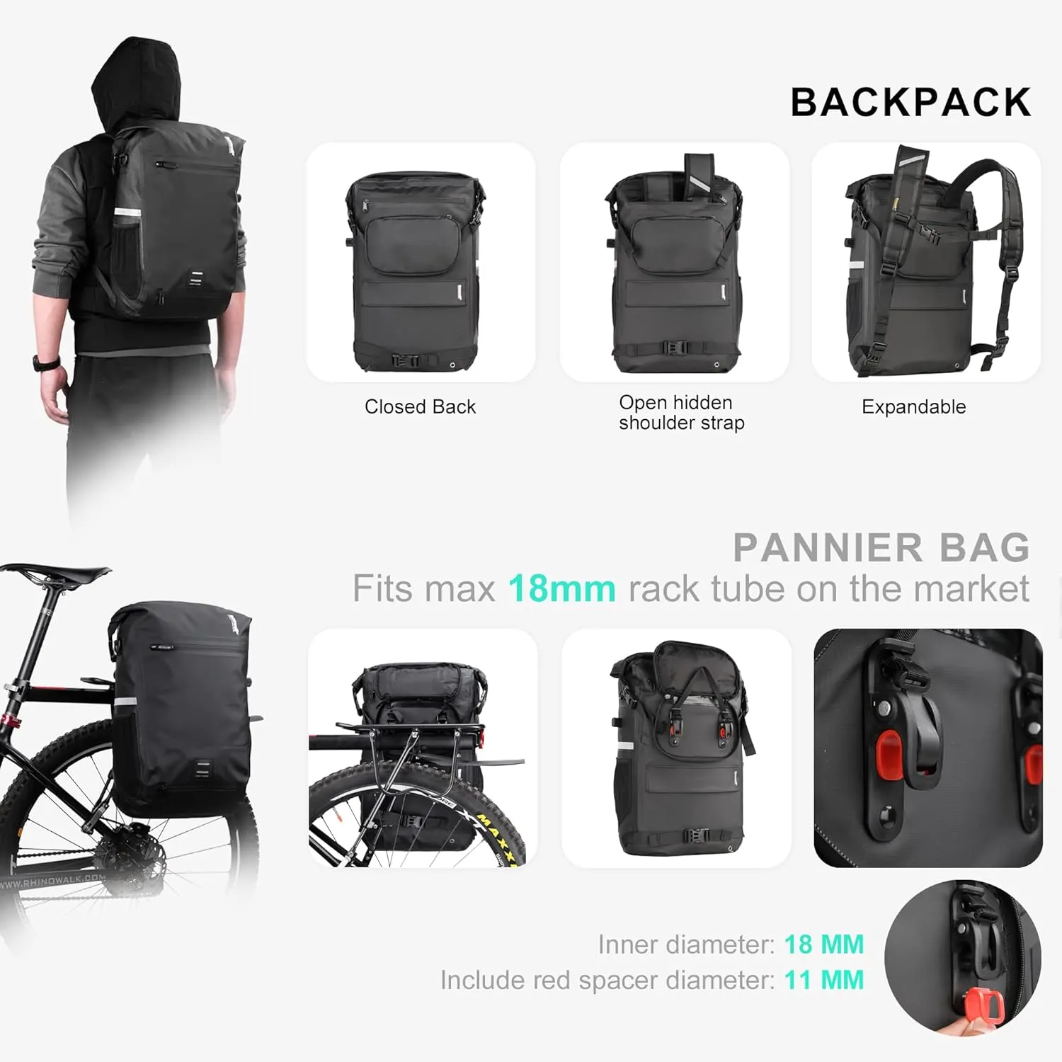 Rhinowalk Bike Pannier Bag Waterproof 22L Bicycle Rear Rack Trunk Bag for Cycling Bicycling Traveling Riding