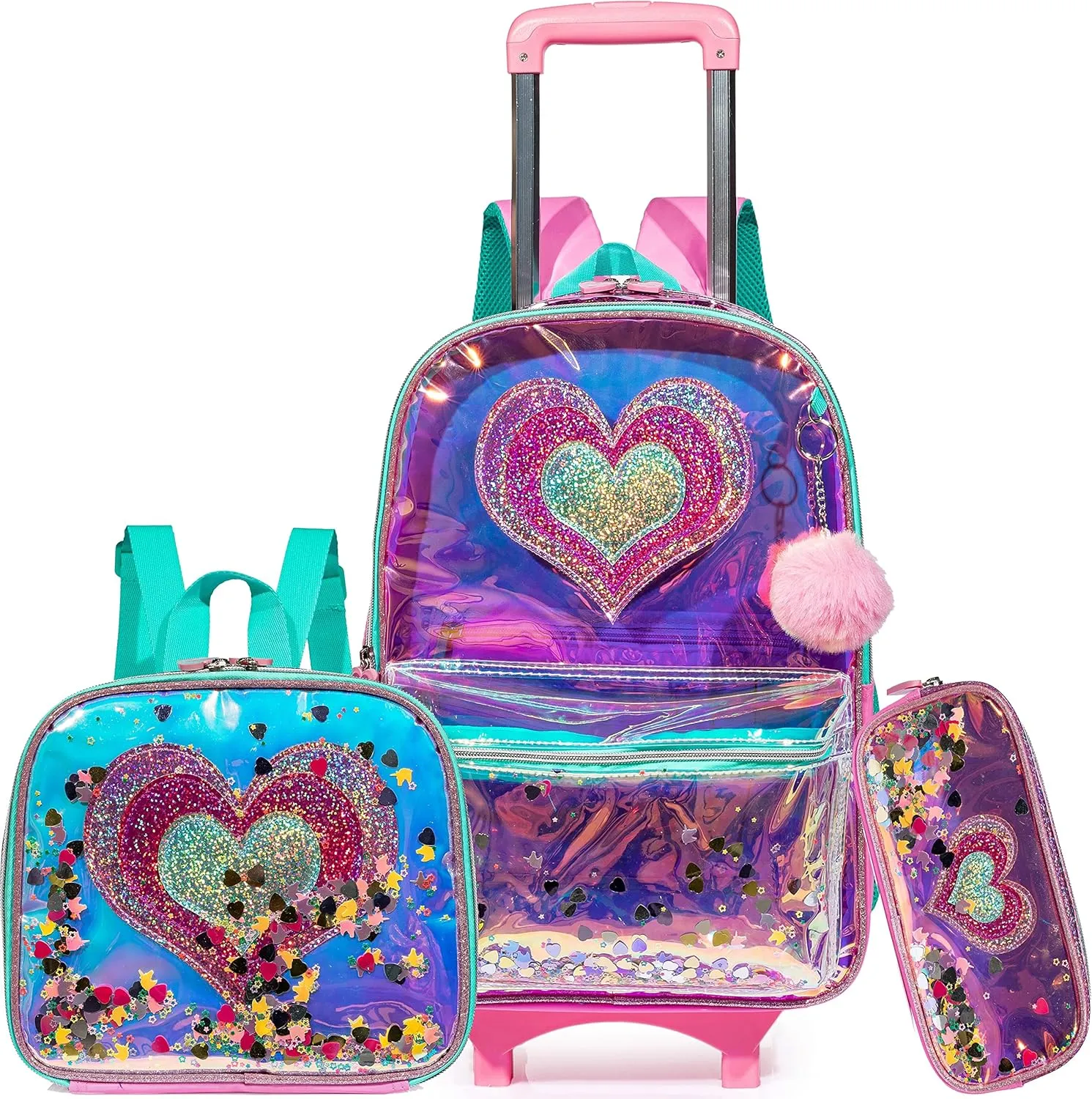Rolling Backpack for Girls Backpack with Wheels Girls Backpack with Lunch Box Set Kids Suitcase for Girls Rolling Bookbag Set with Lunch Bag and Pencil Case for Elementary School Student