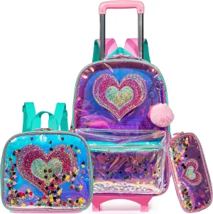 Rolling Backpack for Girls Backpack with Wheels Girls Backpack with Lunch Box Set Kids Suitcase for Girls Rolling Bookbag Set with Lunch Bag and Pencil Case for Elementary School Student
