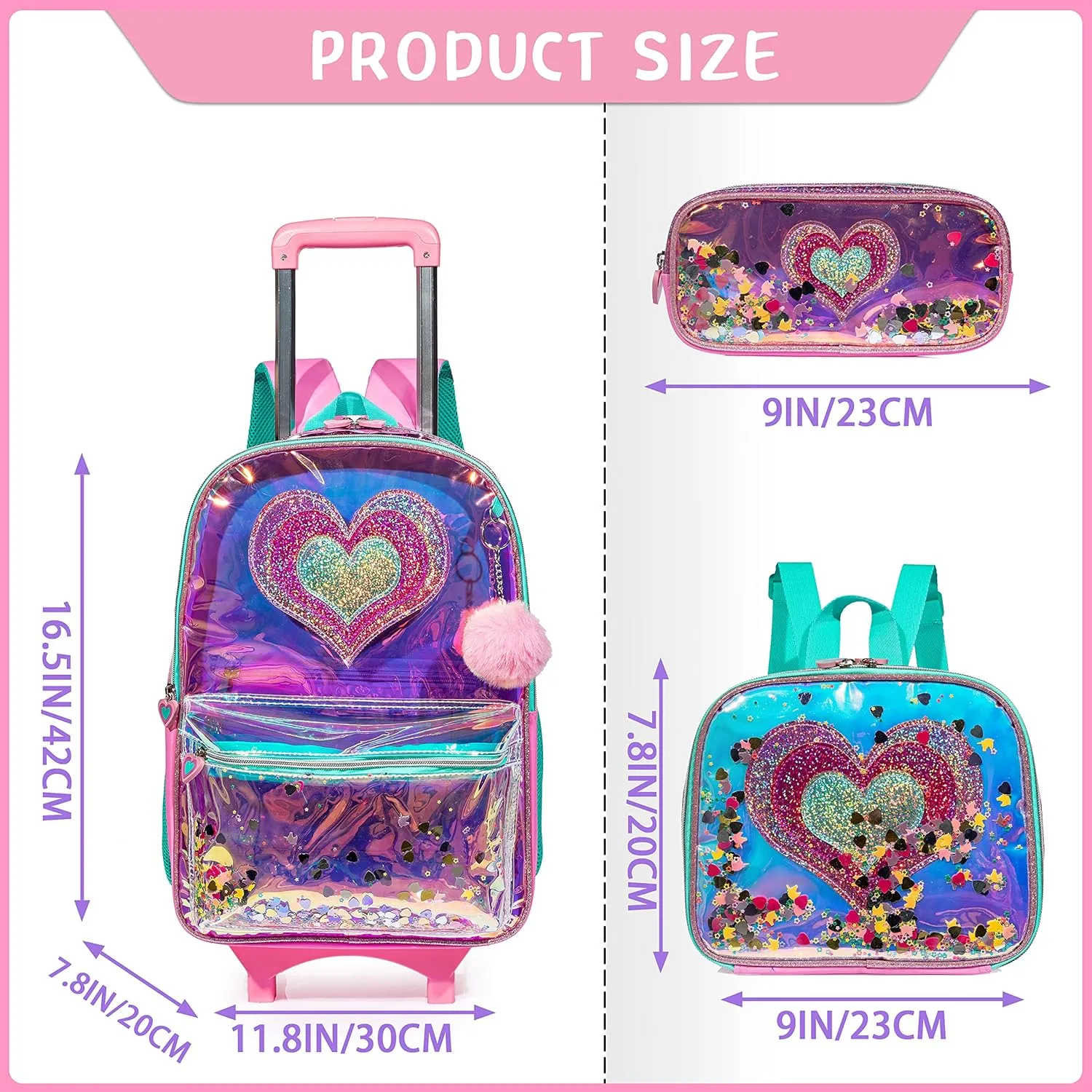 Rolling Backpack for Girls Backpack with Wheels Girls Backpack with Lunch Box Set Kids Suitcase for Girls Rolling Bookbag Set with Lunch Bag and Pencil Case for Elementary School Student