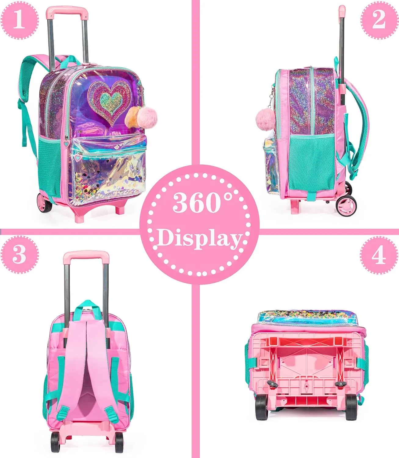 Rolling Backpack for Girls Backpack with Wheels Girls Backpack with Lunch Box Set Kids Suitcase for Girls Rolling Bookbag Set with Lunch Bag and Pencil Case for Elementary School Student
