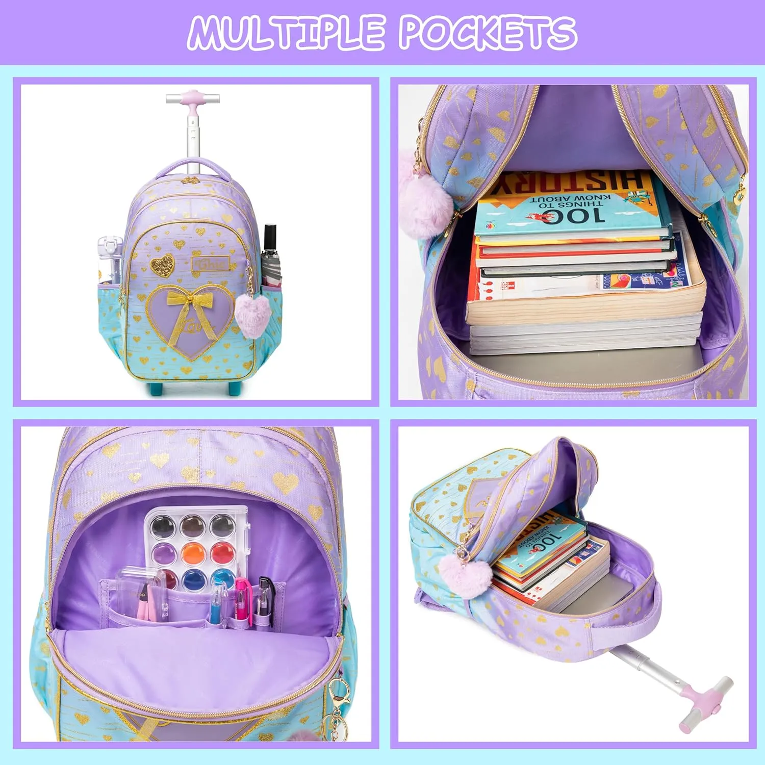 Rolling Backpack for Girls Backpack with Wheels Wheeled School Backpack for Girls with Lunch Bag Pencil Case Kids Suitcase for Girls 3 in 1 Kids Luggage with Wheels Back to School Supplies