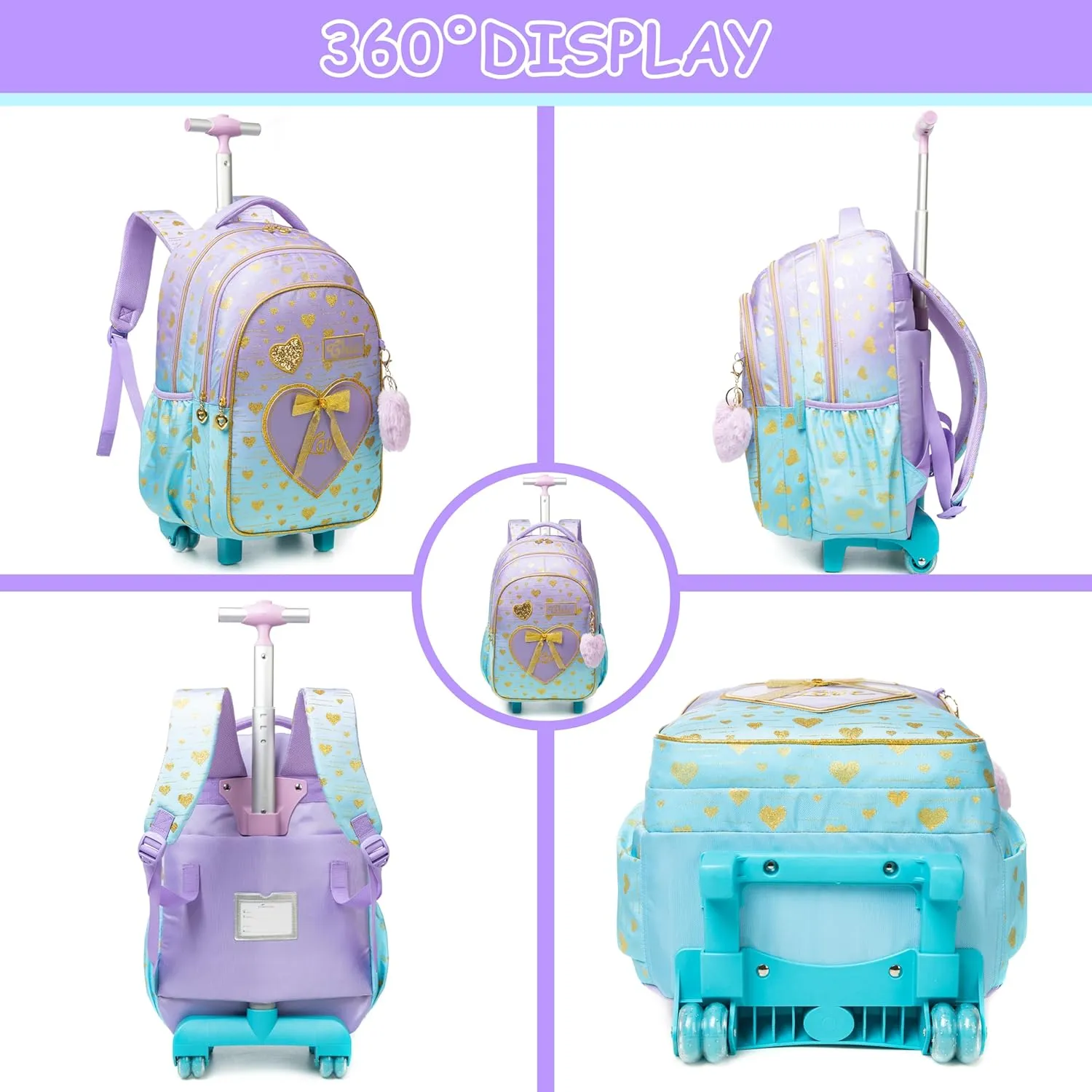 Rolling Backpack for Girls Backpack with Wheels Wheeled School Backpack for Girls with Lunch Bag Pencil Case Kids Suitcase for Girls 3 in 1 Kids Luggage with Wheels Back to School Supplies