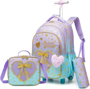 Rolling Backpack for Girls Backpack with Wheels Wheeled School Backpack for Girls with Lunch Bag Pencil Case Kids Suitcase for Girls 3 in 1 Kids Luggage with Wheels Back to School Supplies
