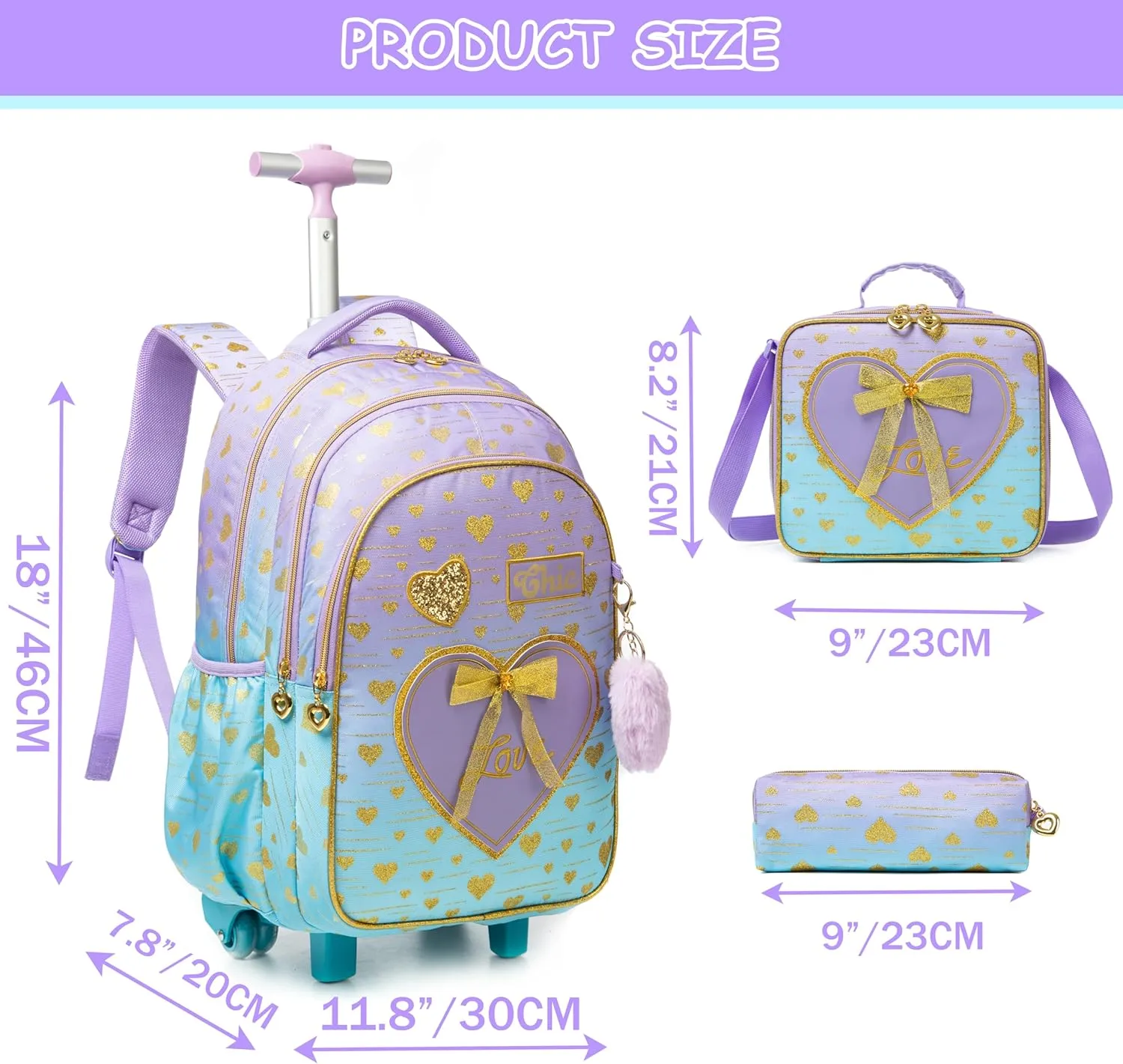 Rolling Backpack for Girls Backpack with Wheels Wheeled School Backpack for Girls with Lunch Bag Pencil Case Kids Suitcase for Girls 3 in 1 Kids Luggage with Wheels Back to School Supplies
