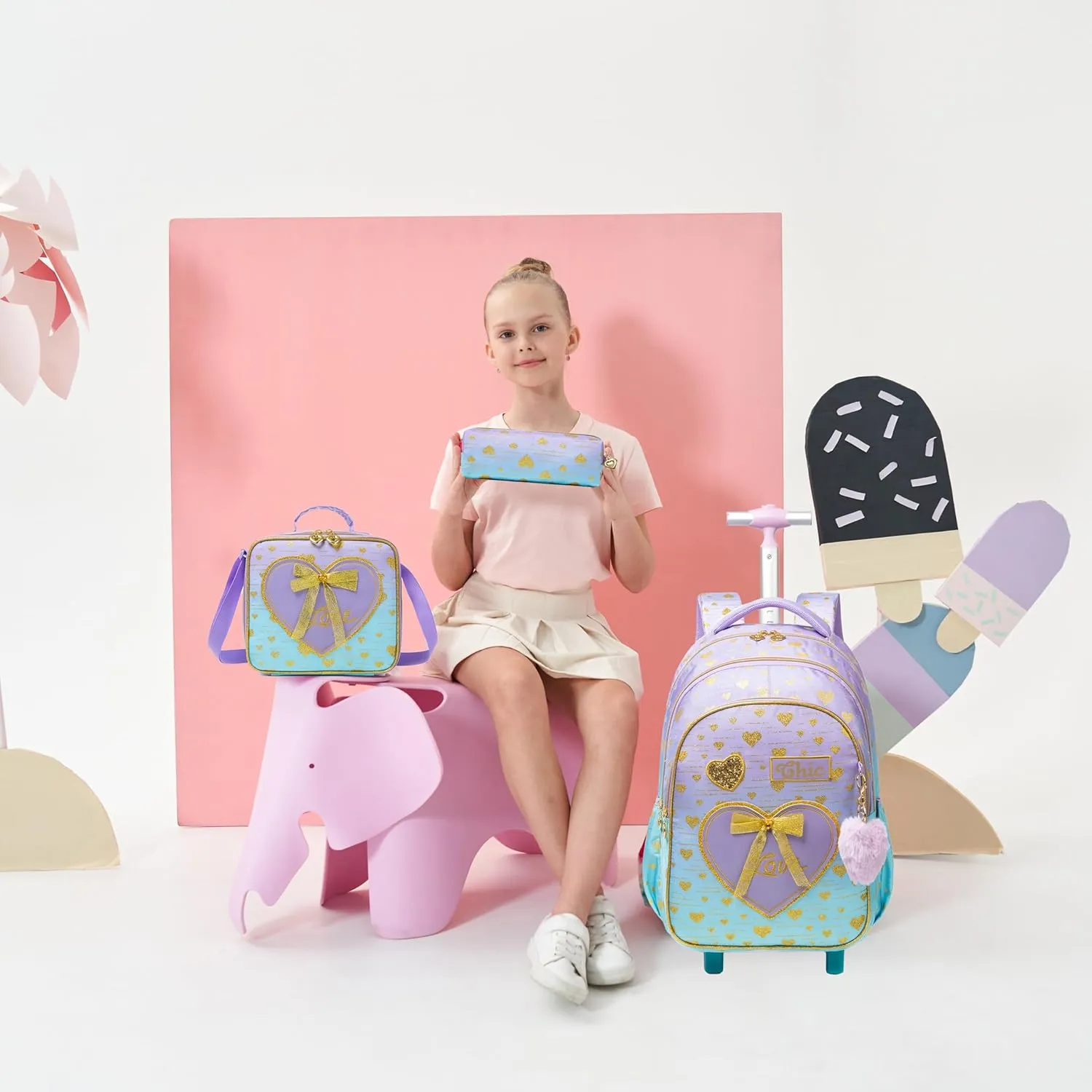 Rolling Backpack for Girls Backpack with Wheels Wheeled School Backpack for Girls with Lunch Bag Pencil Case Kids Suitcase for Girls 3 in 1 Kids Luggage with Wheels Back to School Supplies