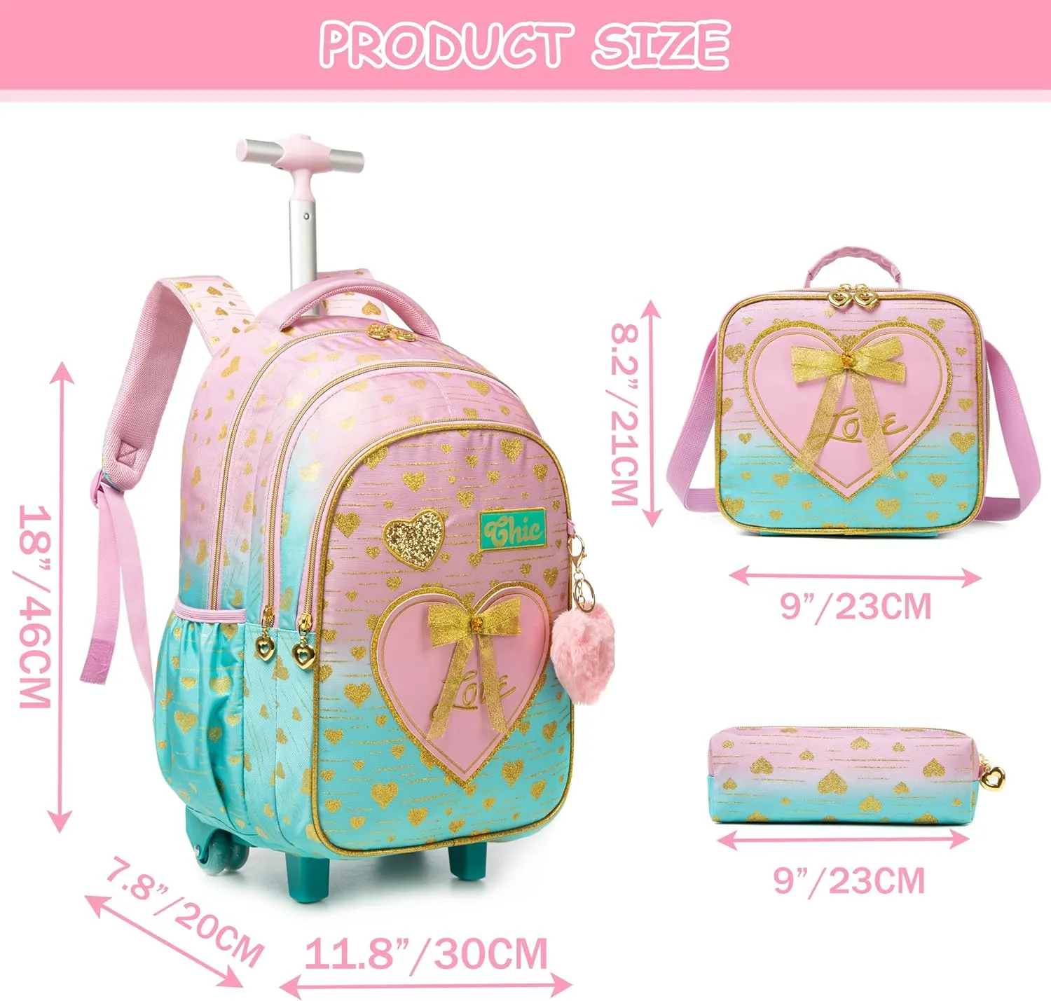 Rolling Backpack for Girls Backpack with Wheels Wheeled School Backpack for Girls with Lunch Box Set Kids Suitcase for Elementary 3 in 1 Kids Luggage with Wheels Back to School Supplies